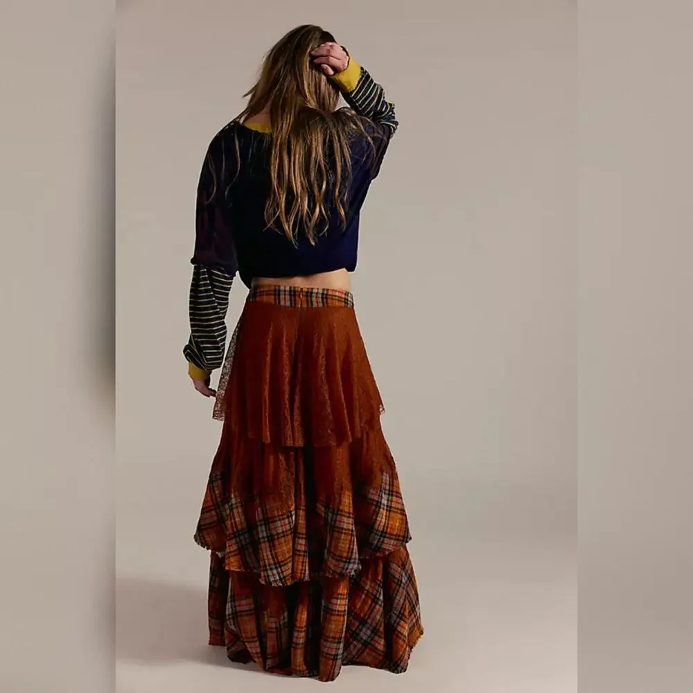 Free People County Fair Lace Maxi Skirt - Brown Combo - Size 6 - Picture 3 of 11